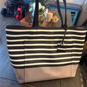 Kate Spade Black and White Striped Tote with Tan Base